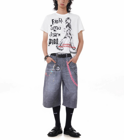 TJ10146 Baggy Vintage 3D Digital Printed Pink Chain Shorts