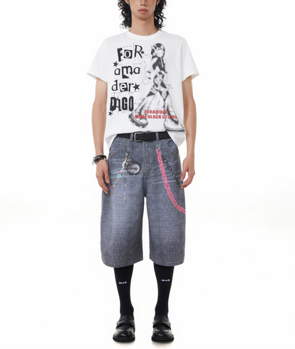 TJ10146 Baggy Vintage 3D Digital Printed Pink Chain Shorts