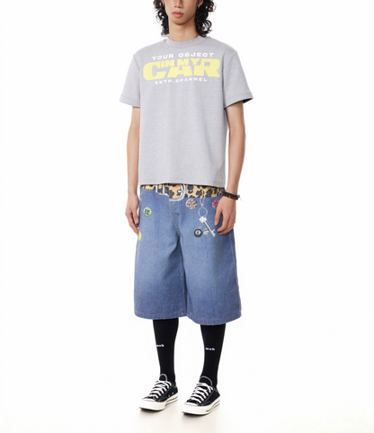 TJ10145 Baggy Vintage 3D Belt Print Denim Shorts/Jorts