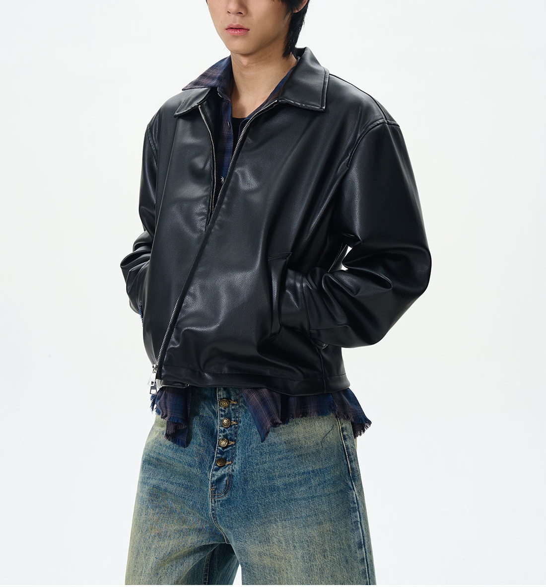 JS10074 Oversized Cropped Leather Floral Jacket