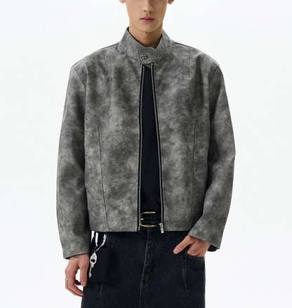 JS10084 Biker PU Snake Skin Leather Stand Collar Jacket