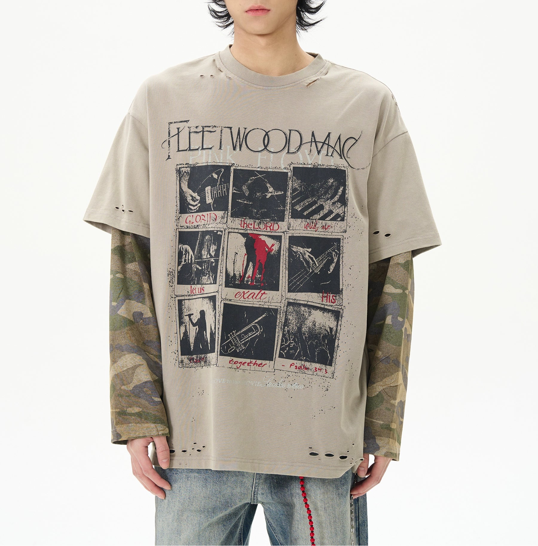 TLS140 Oversized Distressed Layered Camo Long Sleeve Tee