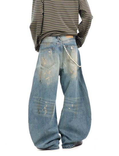 TJ10135 Baggy Retro Dirty Ink Splashed Jeans