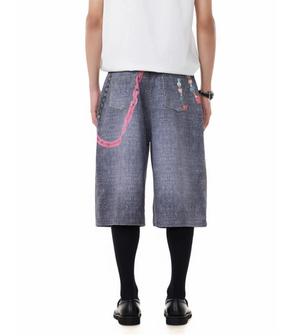 TJ10146 Baggy Vintage 3D Digital Printed Pink Chain Shorts