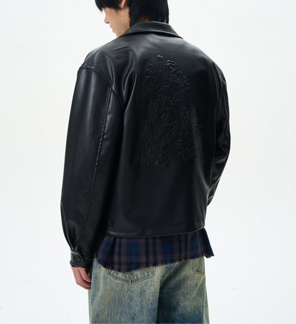 JS10074 Oversized Cropped Leather Floral Jacket