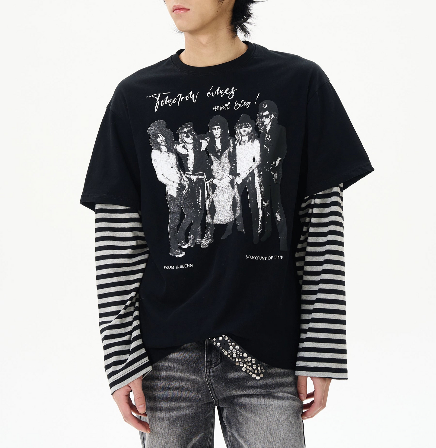 TLS142 Oversized Layered Stripes Long Sleeve/ Graphic Tee