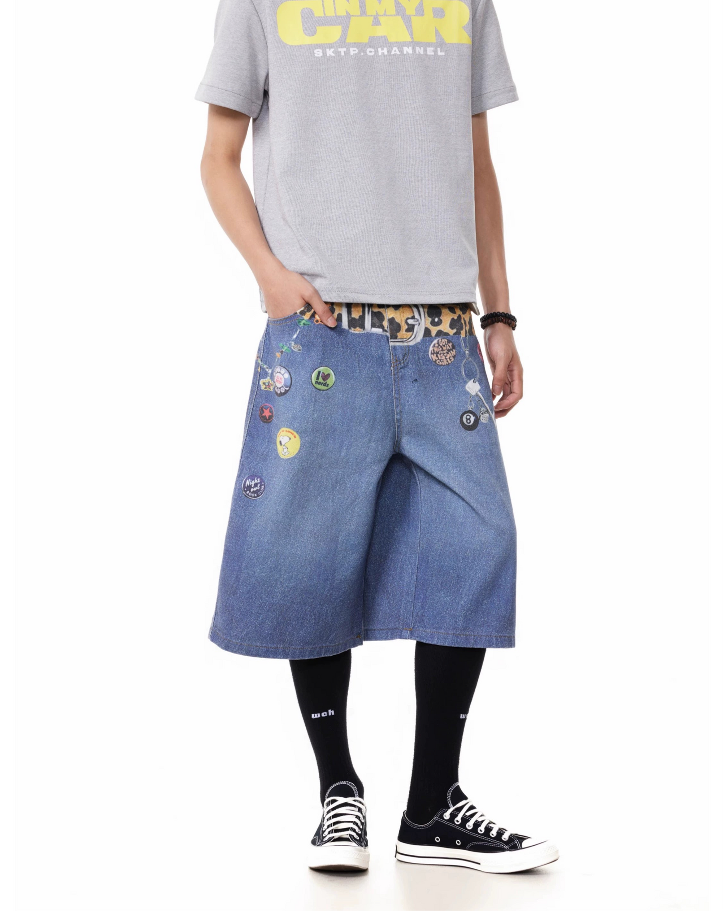 TJ10145 Baggy Vintage 3D Belt Print Denim Shorts/Jorts