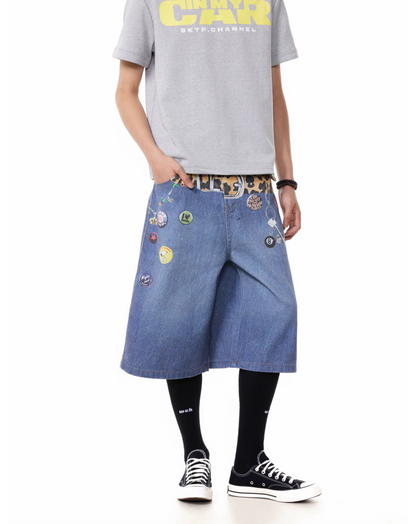 TJ10145 Baggy Vintage 3D Belt Print Denim Shorts/Jorts