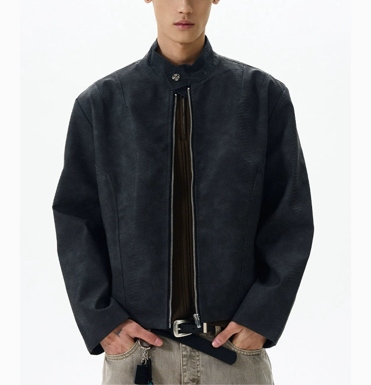 JS10084 Biker PU Snake Skin Leather Stand Collar Jacket