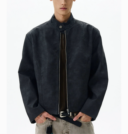 JS10084 Biker PU Snake Skin Leather Stand Collar Jacket