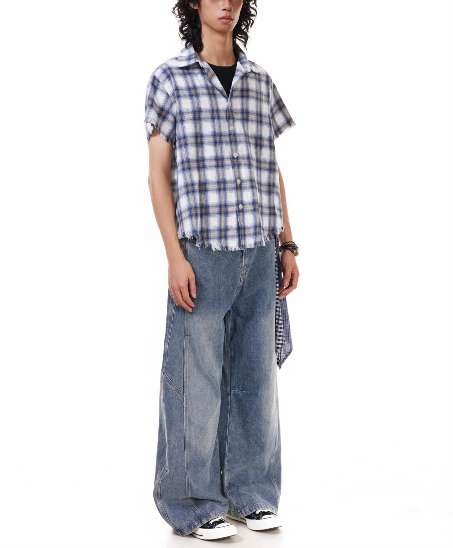 TJ10144 Baggy Washed Distressed Plaid Square Jeans