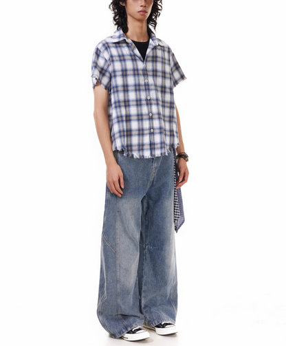 TJ10144 Baggy Washed Distressed Plaid Square Jeans