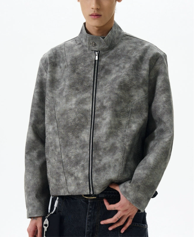 JS10084 Biker PU Snake Skin Leather Stand Collar Jacket