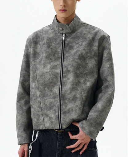 JS10084 Biker PU Snake Skin Leather Stand Collar Jacket