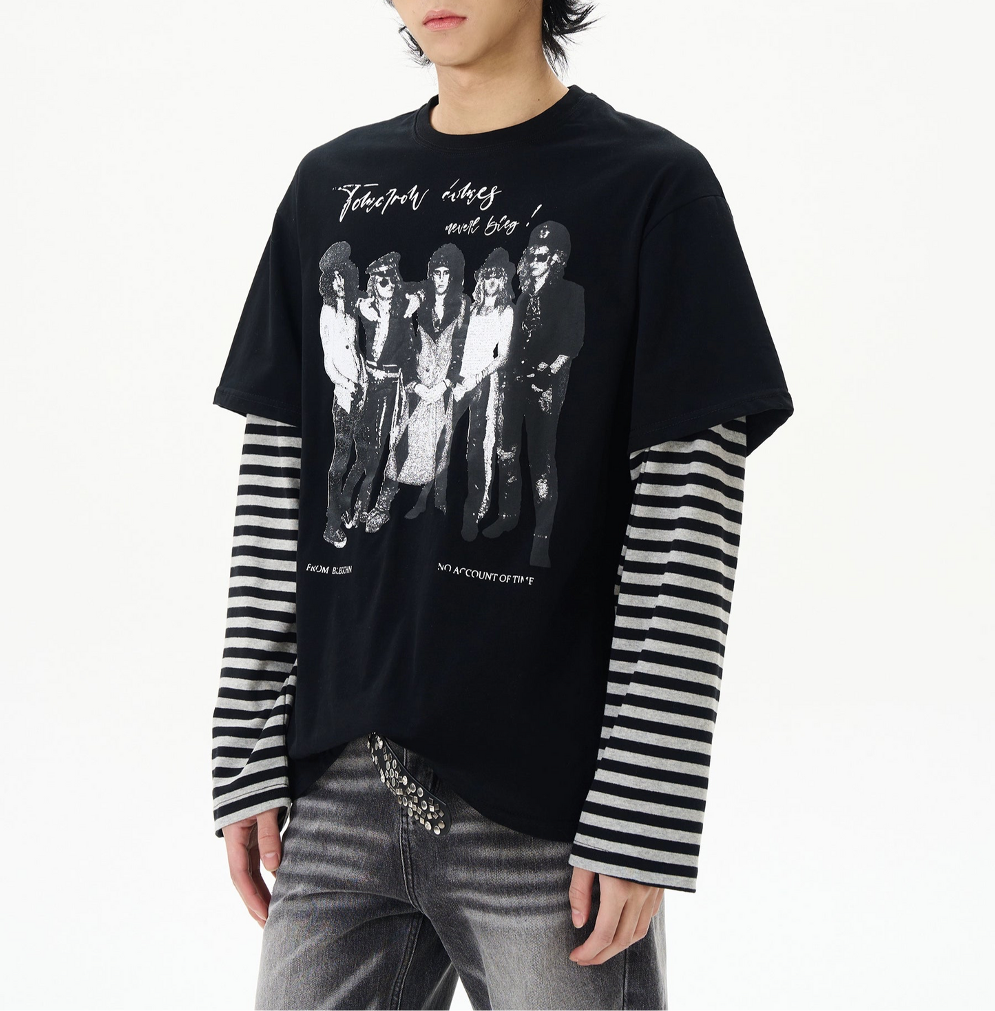 TLS142 Oversized Layered Stripes Long Sleeve/ Graphic Tee
