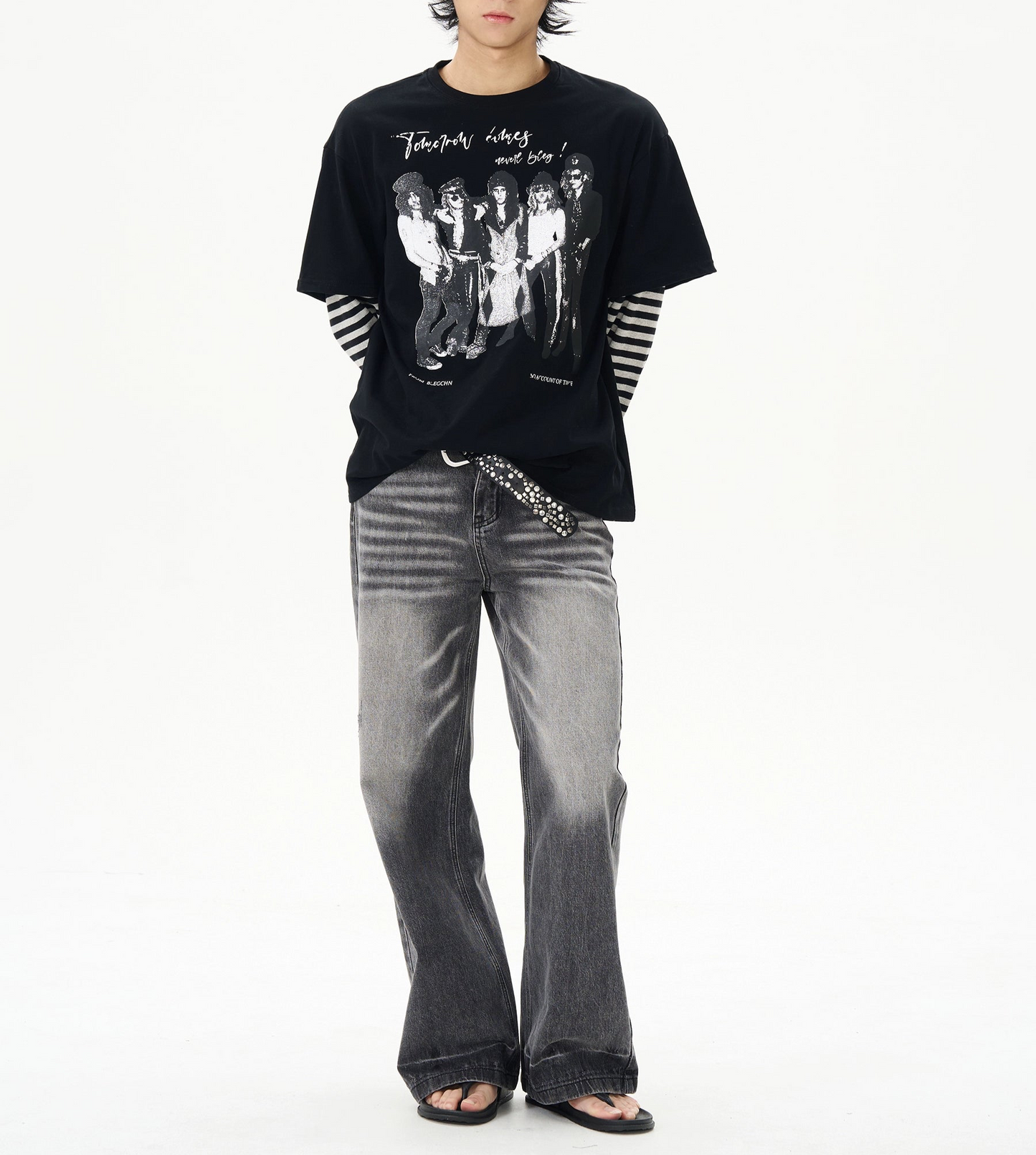 TLS142 Oversized Layered Stripes Long Sleeve/ Graphic Tee