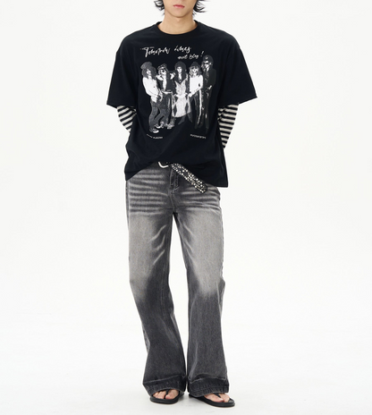 TLS142 Oversized Layered Stripes Long Sleeve/ Graphic Tee
