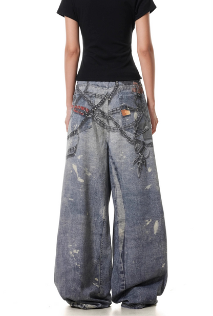 TJ10142 Baggy Washed and Distressed 3D Digital Printed Chain Jeans