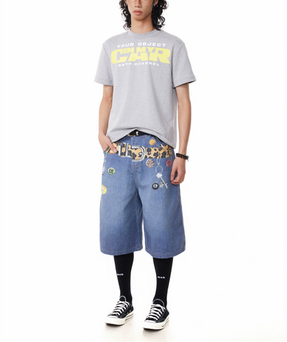TJ10145 Baggy Vintage 3D Belt Print Denim Shorts/Jorts