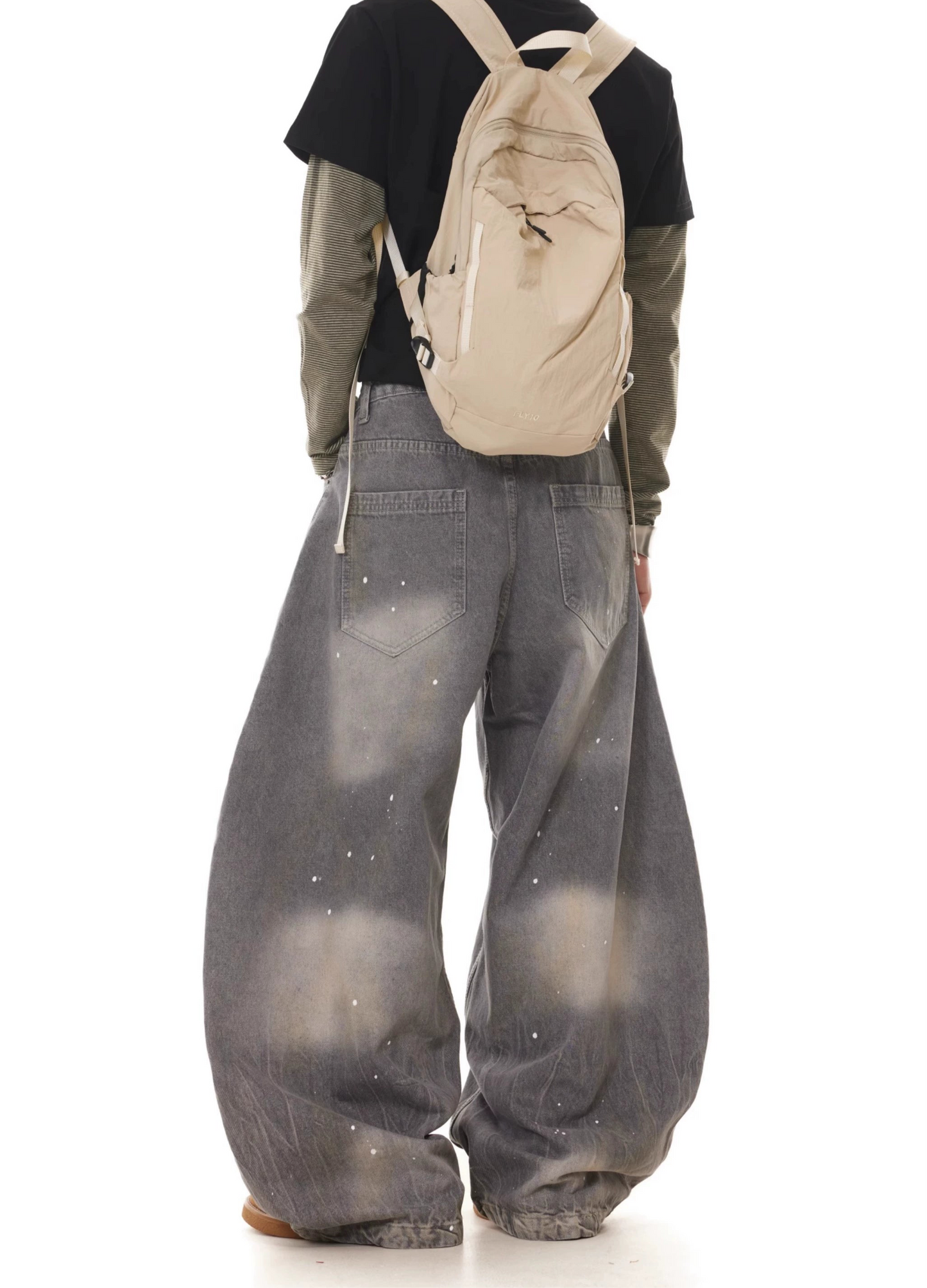 TJ10107 Baggy Gray Washed Distressed Paint Splash Jeans