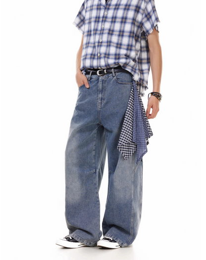 TJ10144 Baggy Washed Distressed Plaid Square Jeans