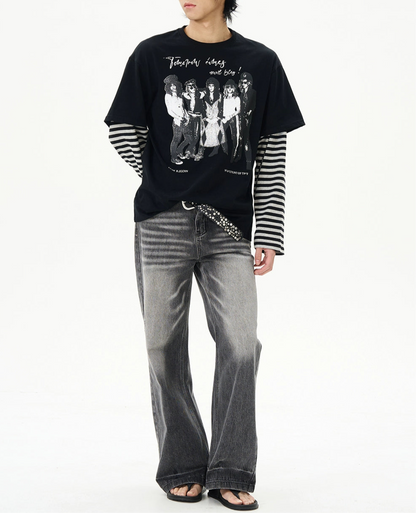 TLS142 Oversized Layered Stripes Long Sleeve/ Graphic Tee