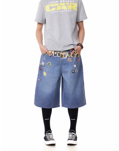 TJ10145 Baggy Vintage 3D Belt Print Denim Shorts/Jorts