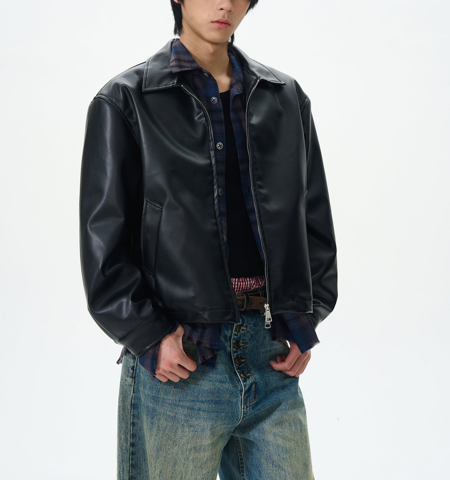 JS10074 Oversized Cropped Leather Floral Jacket