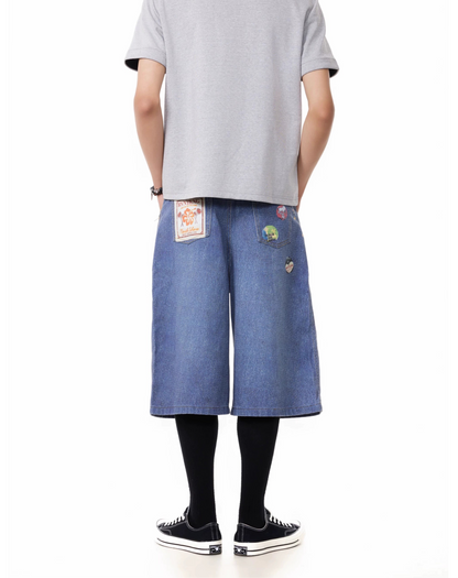TJ10145 Baggy Vintage 3D Belt Print Denim Shorts/Jorts