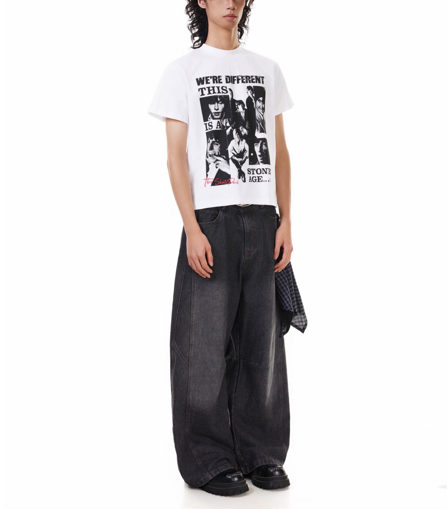 TJ10144 Baggy Washed Distressed Plaid Square Jeans