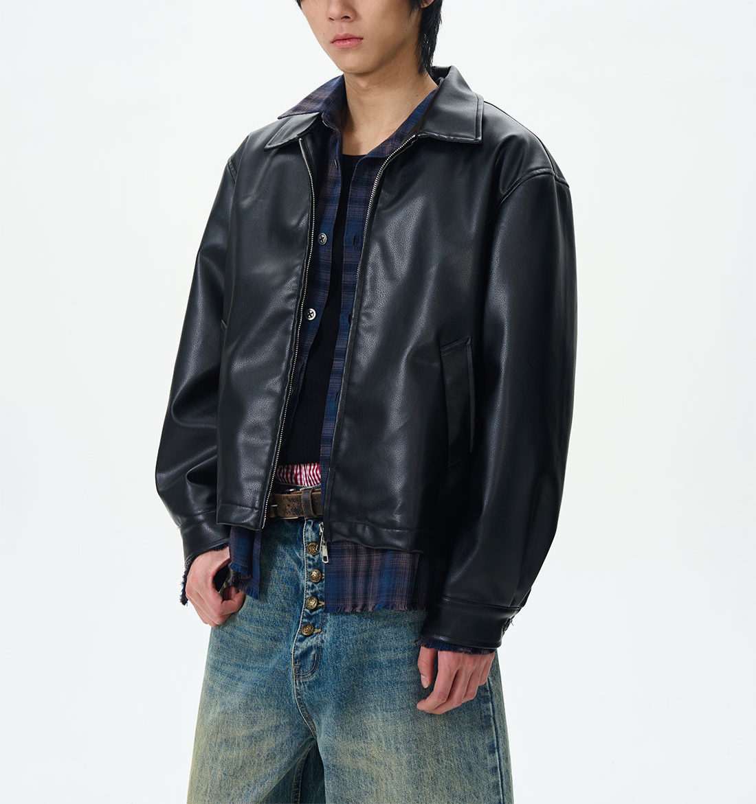 JS10074 Oversized Cropped Leather Floral Jacket
