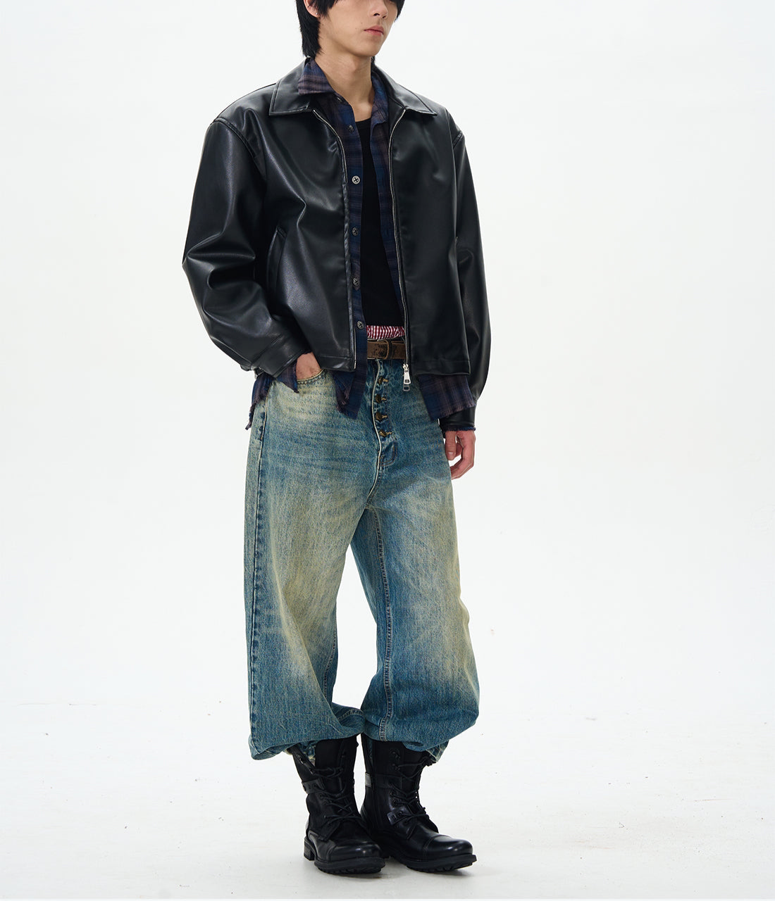 JS10074 Oversized Cropped Leather Floral Jacket