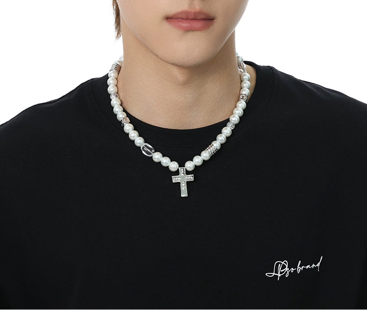 CN1014 Cross Necklace/ Baroque pearl