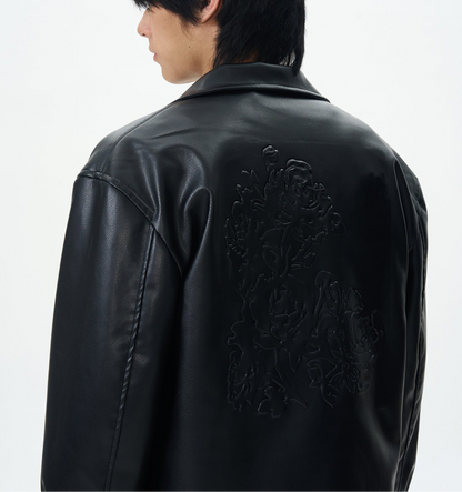 JS10074 Oversized Cropped Leather Floral Jacket