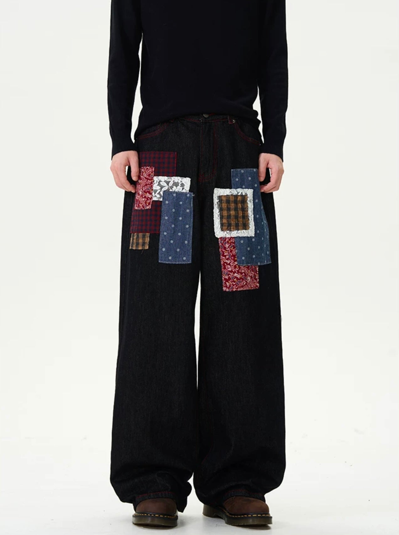 TJ10039 Baggy Jeans/ Plaid Patchwork