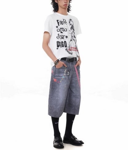 TJ10146 Baggy Vintage 3D Digital Printed Pink Chain Shorts