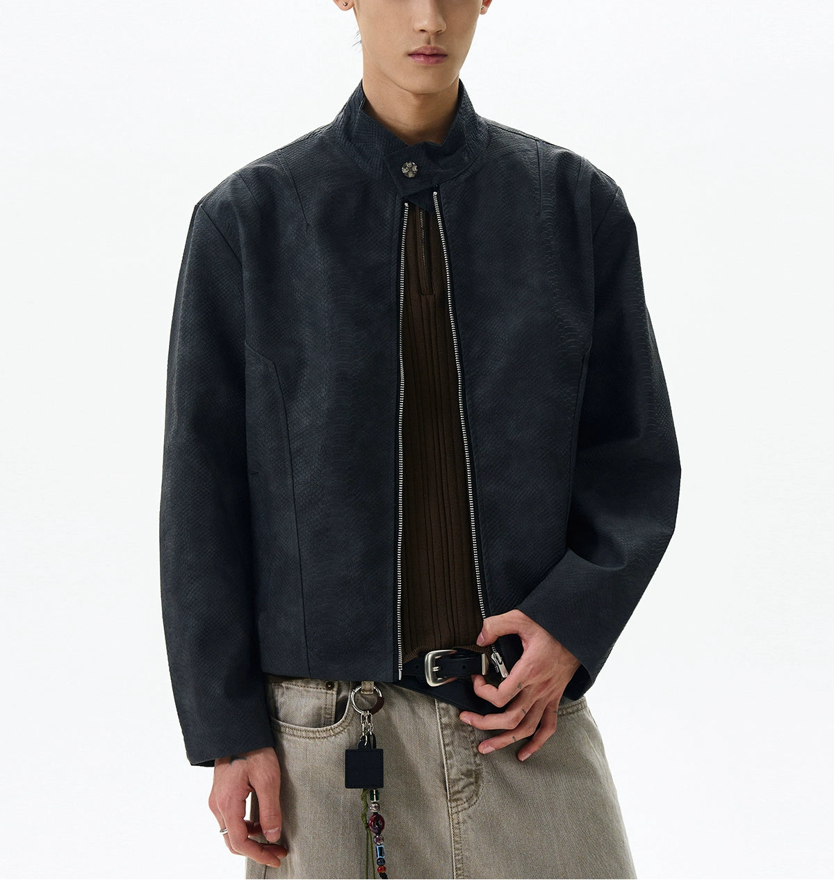 JS10084 Biker PU Snake Skin Leather Stand Collar Jacket