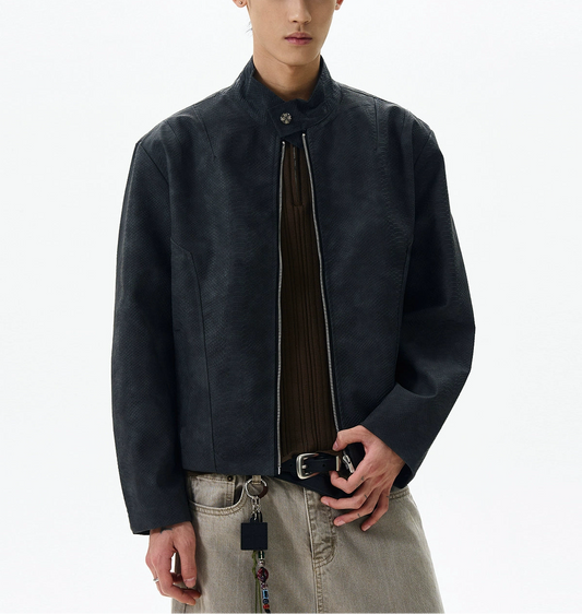 JS10084 Biker PU Snake Skin Leather Stand Collar Jacket