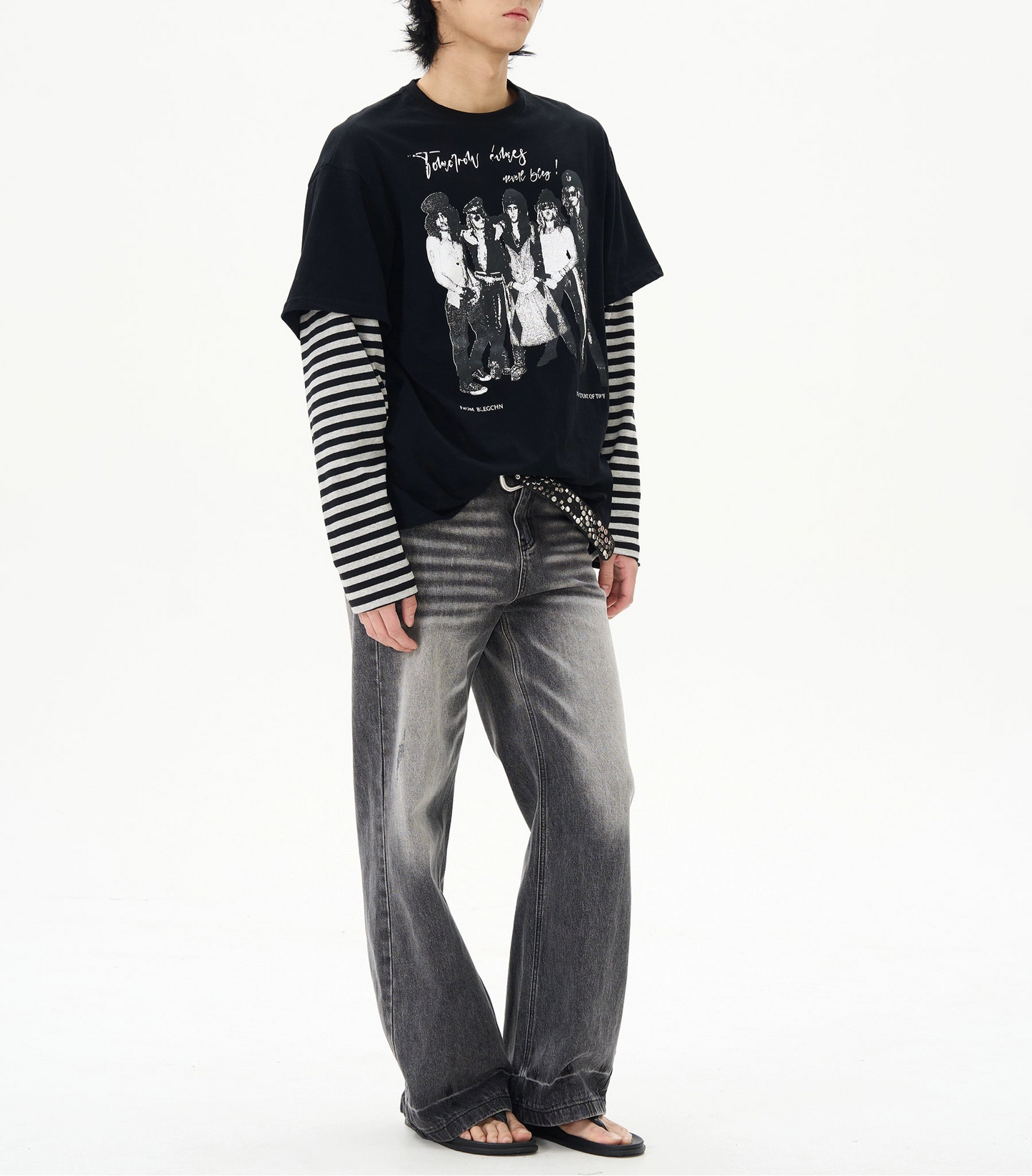 TLS142 Oversized Layered Stripes Long Sleeve/ Graphic Tee