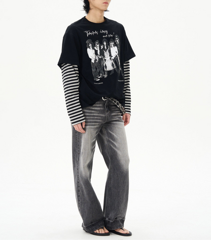 TLS142 Oversized Layered Stripes Long Sleeve/ Graphic Tee