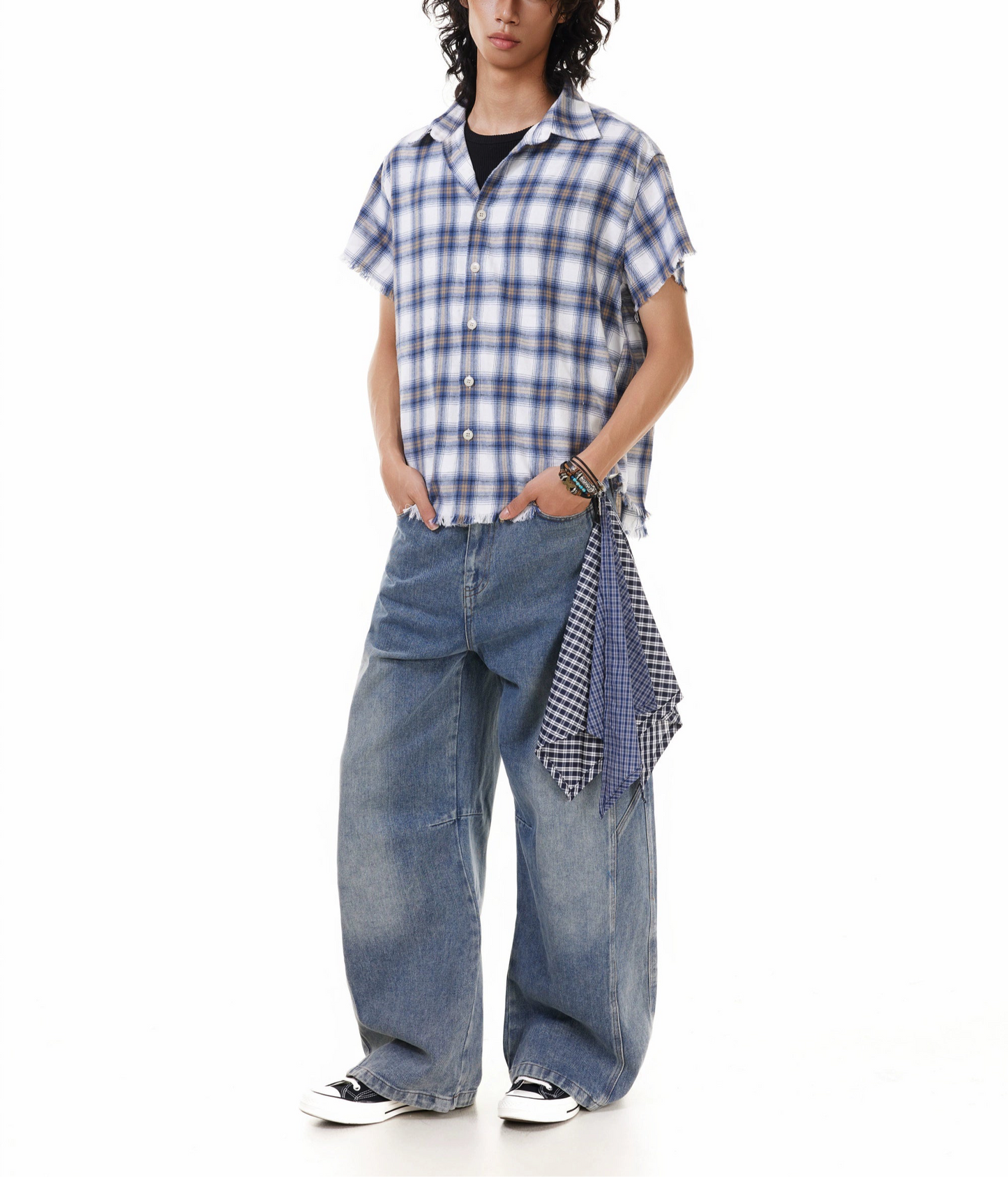 TJ10144 Baggy Washed Distressed Plaid Square Jeans