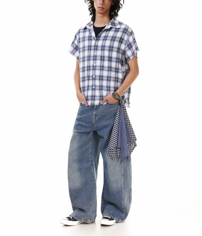 TJ10144 Baggy Washed Distressed Plaid Square Jeans