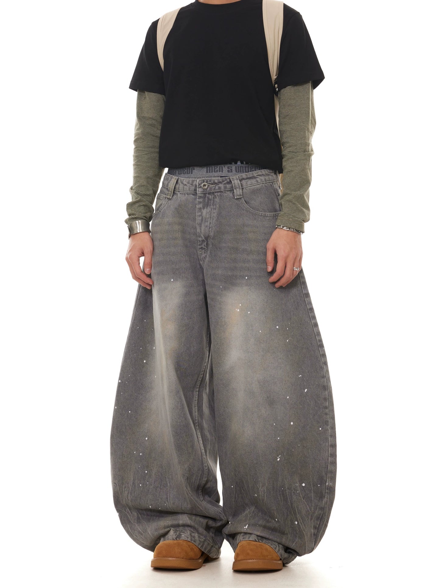 TJ10107 Baggy Gray Washed Distressed Paint Splash Jeans
