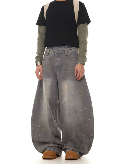 TJ10107 Baggy Gray Washed Distressed Paint Splash Jeans
