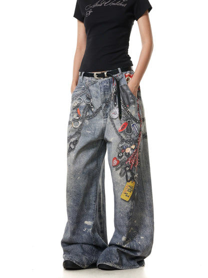 TJ10142 Baggy Washed and Distressed 3D Digital Printed Chain Jeans