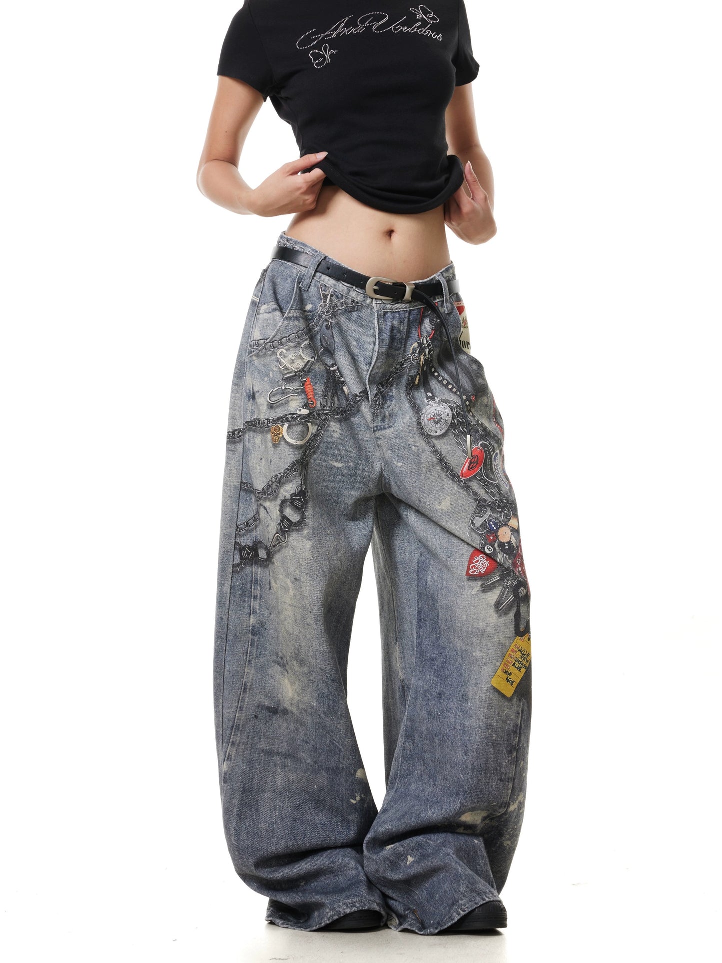 TJ10142 Baggy Washed and Distressed 3D Digital Printed Chain Jeans