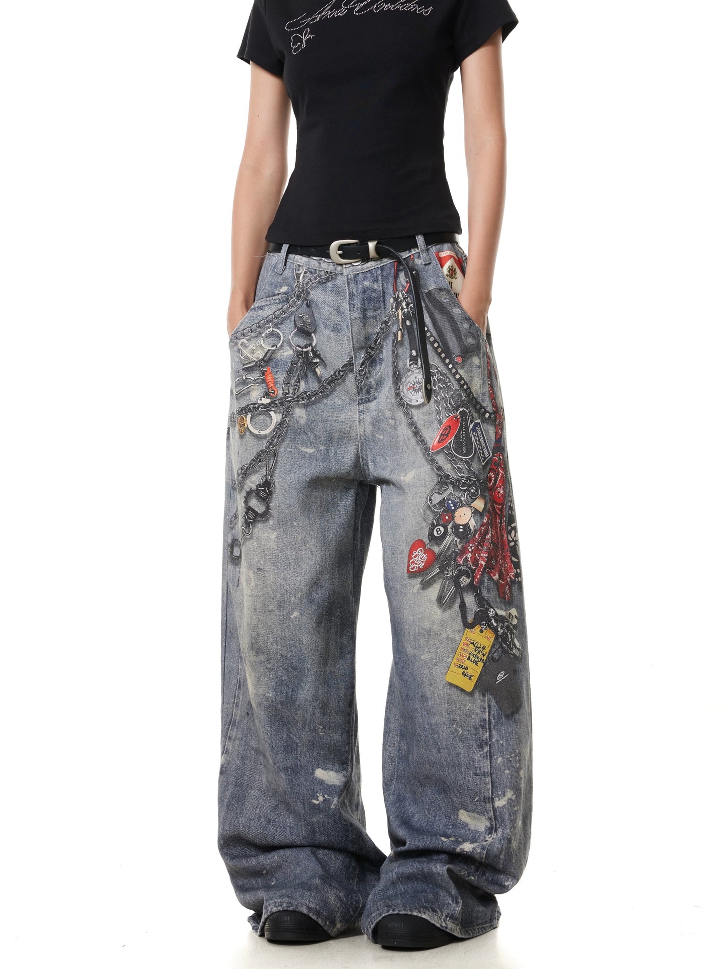 TJ10142 Baggy Washed and Distressed 3D Digital Printed Chain Jeans