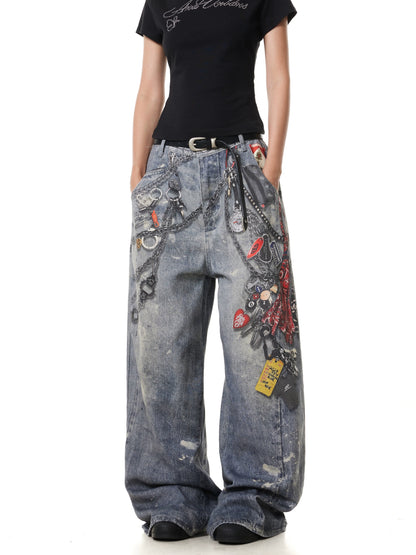 TJ10142 Baggy Washed and Distressed 3D Digital Printed Chain Jeans