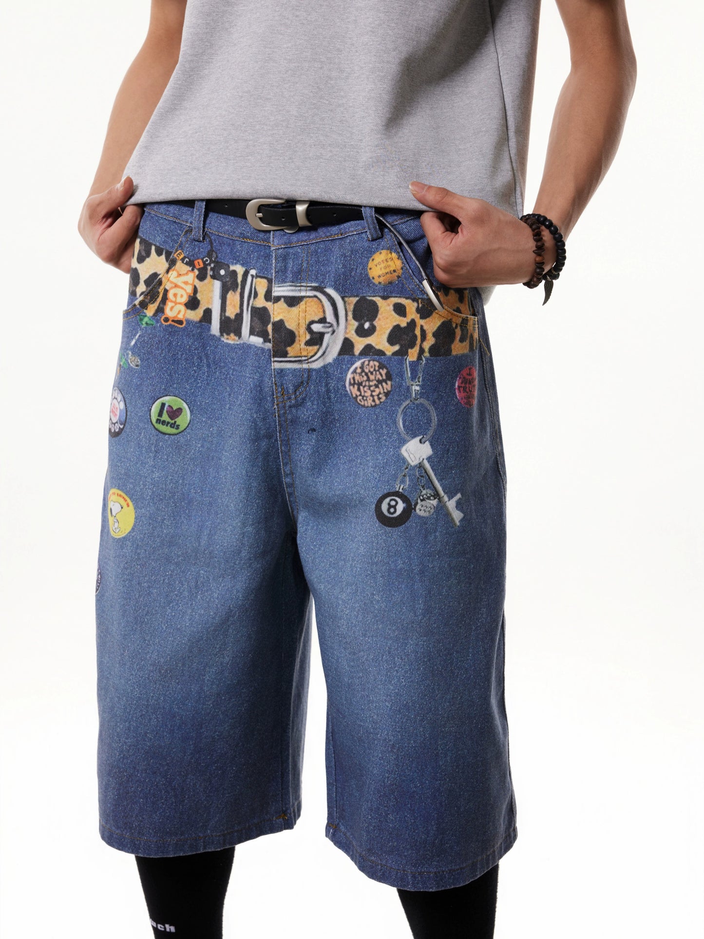 TJ10145 Baggy Vintage 3D Belt Print Denim Shorts/Jorts