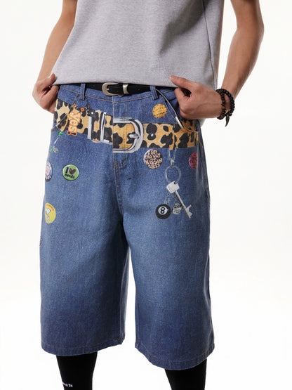 TJ10145 Baggy Vintage 3D Belt Print Denim Shorts/Jorts